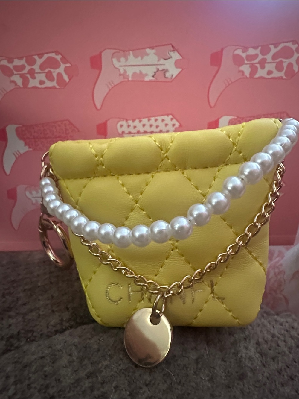Yellow Quilted Mini Pouch with Pearl & Gold Chain Accent